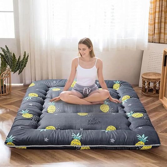 MAXYOYO Grey Pineapple Japanese Floor Futon Mattress, Tatami Floor Mat Portable Camping Mattress Kids Sleeping Pad Foldable Roll Up Floor Lounger Couch Twin Size with Mattress Protector Cover