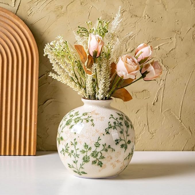for Mom from Daughter or Son, Green Pastoral Round Ceramic Vase 5.9”, Vintage Floral Rustic Farmhouse Vase, Chinoiserie Tuscan Cottage Core Decor for Living Room, Office