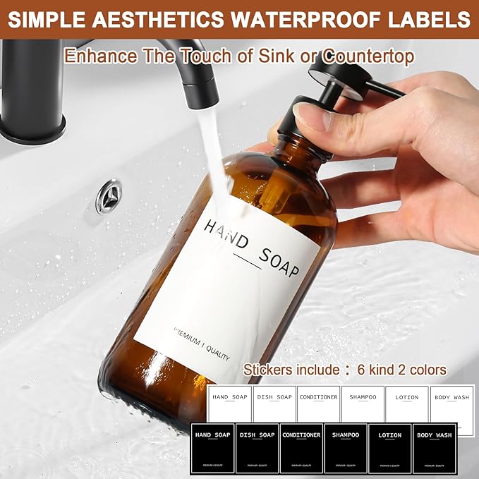RYTOXILO Hand Soap Dispenser for Bathroom 2 Pack, Amber Glass Soap Dispenser with Stainless Steel Pump, 16.9 Fl oz Hand and Dish Soap Dispensers Set Kitchen, Modern Brown Soap Lotion Dispensers Bottle