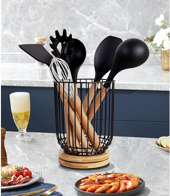 WDT Tool Utensil holder for Kitchen Counter，Large Utensils Holder For Farmhouse Cooking, Utensil Caddy Spatula Holder (Rotating+Metal+Bamboo-1)
