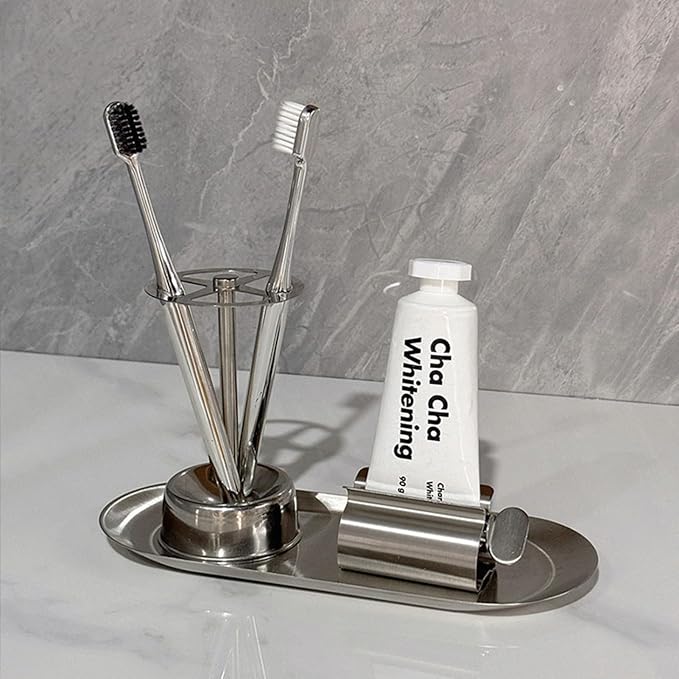 OUKENS Multi Functional Stainless Steel Toothbrush, Toothbrush Holder Stand, Holder Organizer Toothpaste Stand for Bathroom Vanity Countertop, Stylish Design
