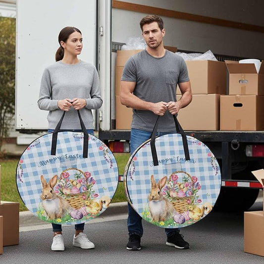 24 Inch Round Storage Bag 2 Pack,Happy Easter Eggs Rabbit Chick Waterproof Wreath Storage Container with Handles&Zipper Spring Flowers Blue Checkered Closet Organizer Bags Garland Box