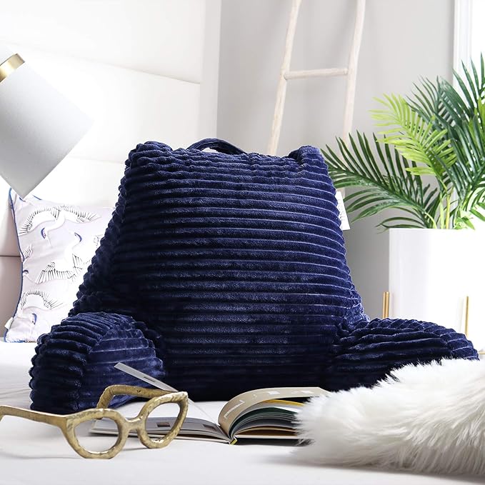 Nestl Reading Pillow with Shredded Memory Foam, Luxe Cut Plush Back Pillow for Sitting Up in Bed, Back and Arms Adjustable Support for Adult & Teens, Backrest Pillows with Washable Cover Navy Blue