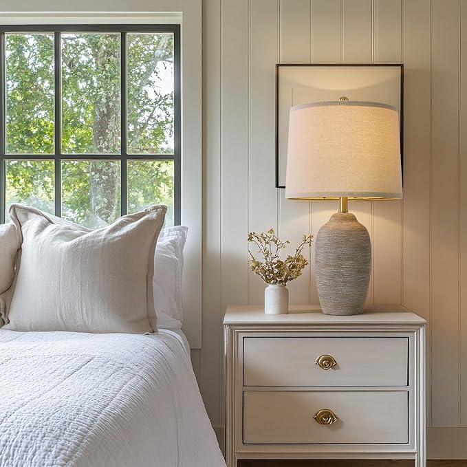 USumkky 24.5" Handcrafted Ceramic Table Lamp with 5FT Cord, Single Farmhouse Vintage Rustic Bedside Lighting for Living Room Bedroom Entryway Linen Shade Nightstand End Table Decor (Bulb Not Included)
