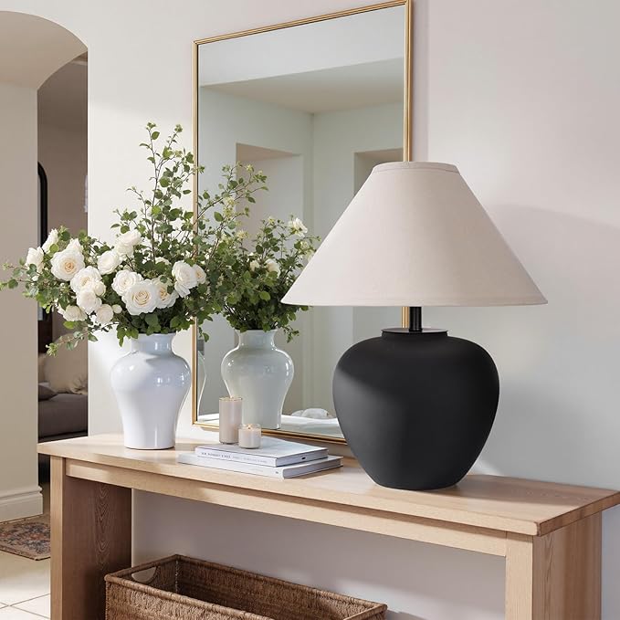 YEPDIN Ceramic Pot Table Lamp 18.5 inch Circular Frosted Nightstand Lamp, Tapered Fabric Shade Bedside, Ceramic Decorative for Living Room Bedroom House Office Entryway, TL1