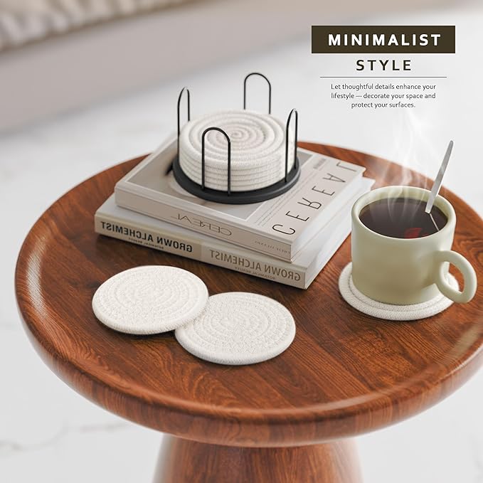 Coasters Set of 8 for Drinks, Beer, Coffee, Cotton Woven Absorbent Coaster with Holder, Boho Coasters for Home Decor Tabletop Protection Suitable for Kinds of Cups, White