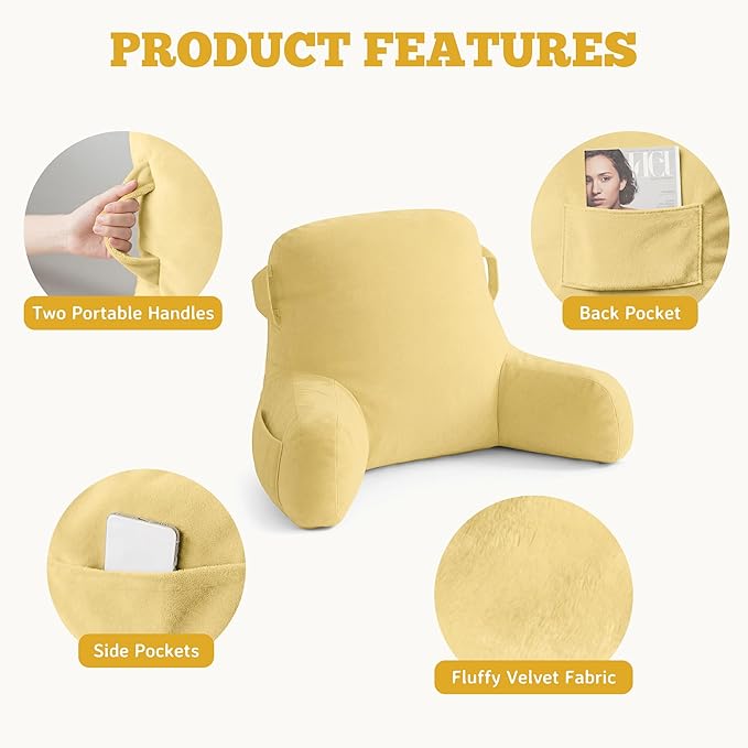Unisakey Portable Comfy Reading Pillows for Bed Sitting Up(Yellow Oeko-Tex), Velvet Back Pillow with Arms & Pockets for Adults, Support Memory Foam Bed Pillow for Dorm/Reading/Watching/Gaming