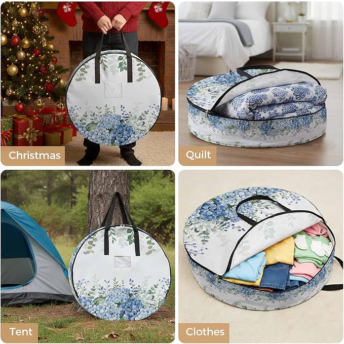 Storage Bag Blue Hydrangea Round Storage Totes Bins Closet Organizers with Zippers & Handle Green Eucalyptus Leaves Flowers Clothes Storage Container for Bedroom Dorm Space Saving Packing Supplies
