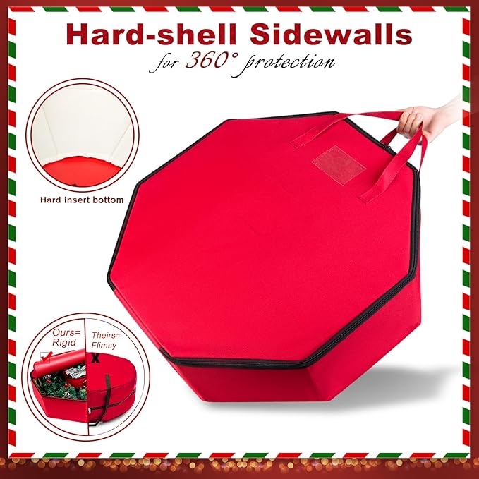 BrilliantJo Wreath Storage Hard Shell Christmas Decorations Case Bag with Interior Pockets 600D Oxford Fabric 24 Inch Xmas Container Box for Holiday Zipper and Handles Labeling Card Slot Red