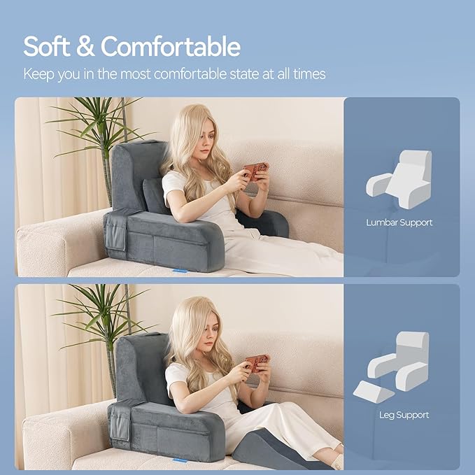 Kayfia Reading Pillow, 10 in 1 Back Pillow for Bed Sitting up with Detachable Arms Rest, Back Rest with Gel Memory Foam, Reading/Gaming/Working in Bed or Couch 21'', Gray