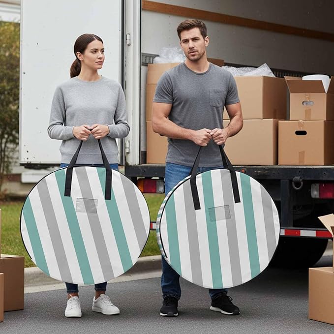 Storage Bag Turquoise Grey Stripes Round Storage Totes Bins Closet Organizers with Zippers & Handle Contrast Striped Clothes Storage Container for Bedroom Dorm Space Saving Packing Supplies Bags