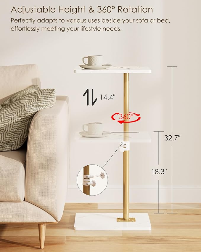 Masupu Sofa Arm Tray Table - 360° Swivel Height Adjustable End Table, Small Snack Side Table for Couch, C Shaped Table for Bed, Chair or TV Tray Table(Marble White and Gold)