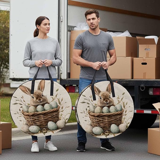 Easter Rabbit Round Storage Bag 30 Inch, Vintage Basket Green Eggs Country Leaf Greenery Linen Clothes Storage Container with Handles Heavy Duty Organizer for Comforter, Bedding & Holiday Wreaths