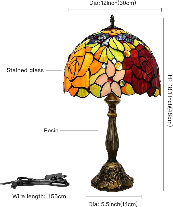 Tiffany Lamp - Rose Flower Stained Glass Table Lamp 12x12x18 Inches - Rose Flower Style Desk Reading Light - Bedroom & Living Room Decor