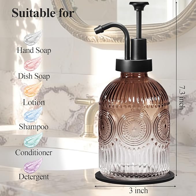 SheeChung 12Oz Vintage Glass Bathroom Soap Dispenser, Kitchen Dish Soap Dispenser with Pump, Refillable Liquid Hand Soap Bottle, Lotion, Antique Rustic Farmhouse Decor (Brown-Black Pump, 2 Pack)
