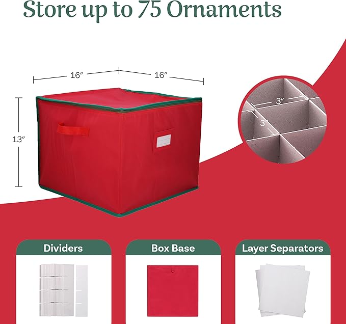 Tiny Tim Totes Christmas Storage Box with Zip Top, Large Ornaments storage box, holds up to 75 ornaments, Red