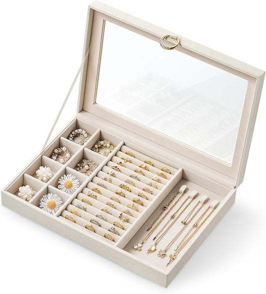 bussdis Glass Lid Jewelry Organizer Box – Beige Velvet Jewelry Case with Ring Slots, Necklace Hooks & Removable Compartments for Earrings, Rings & Bracelets