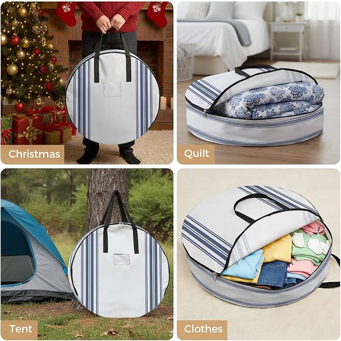 Storage Bag Blue White Striped Round Storage Totes Bins Closet Organizers with Zippers & Handle Farmhouse Striped Clothes Storage Container for Bedroom Dorm Space Saving Packing Supplies Moving Bags
