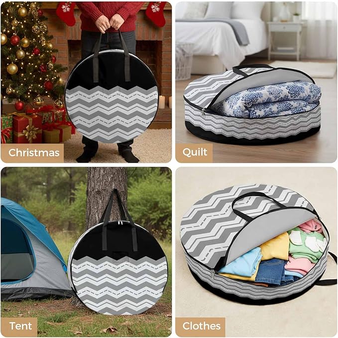 Storage Bag Grey Waves Round Storage Totes Bins Closet Organizers with Zippers & Handle Black Chevron Stripe Clothes Storage Container for Bedroom Dorm Space Saving Packing Supplies Moving Bags