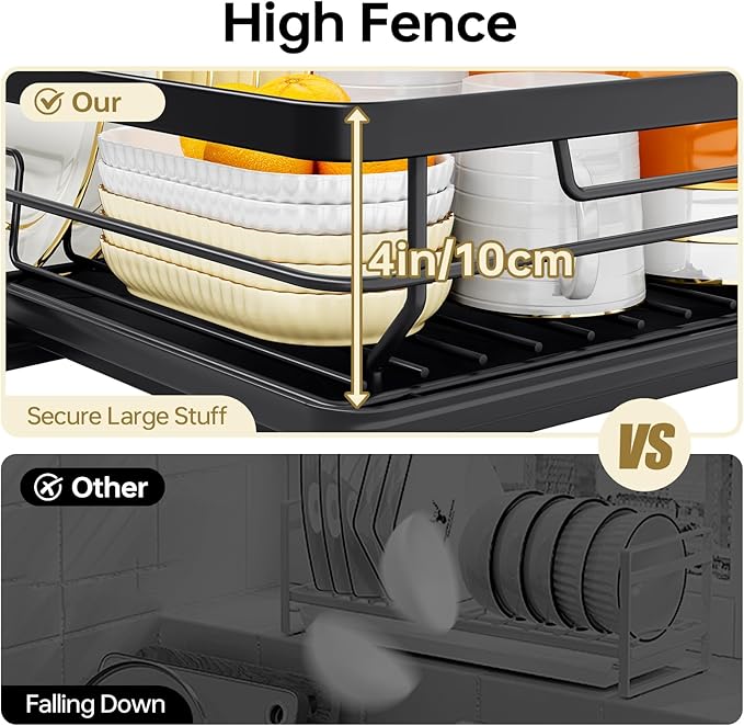 TOOLF Dish Drying Rack, Small Dish Racks for Kitchen Counter, Stainless Steel Sink Organization and Storage Essentials with Cutlery Holder, Dish Drainer, Home and Appartment Decor, Black