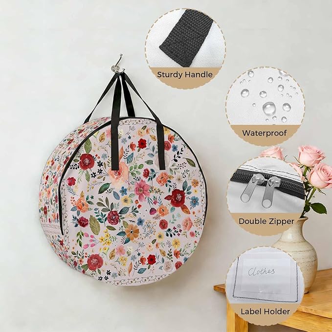 Storage Bag Pink Floral Round Storage Totes Bins Closet Organizers with Zippers & Handle Farmhouse Vintage Flower Clothes Storage Container for Bedroom Dorm Space Saving Packing Supplies Moving Bags