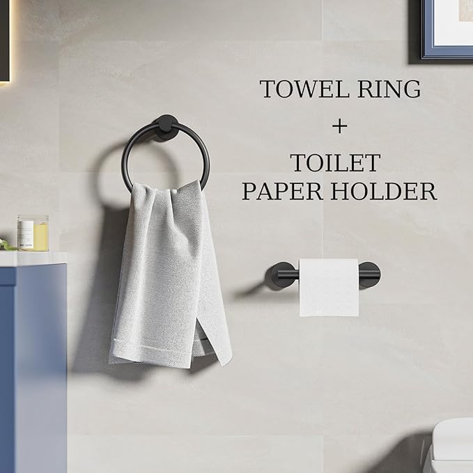 Matte Black Toilet Paper Holder Wall Mount & Towel Holder, Bathroom Hardware Set-SUS304 Stainless Steel Double Post Pivoting Tissue Roll Holder and Hand Towel Ring Set for Bathroom, RV