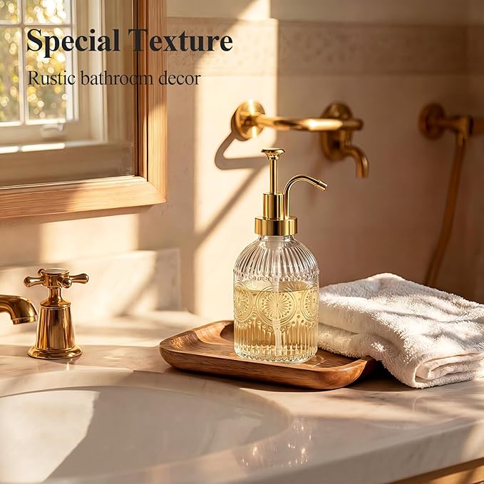 SheeChung 12Oz Vintage Glass Bathroom Soap Dispenser, Kitchen Dish Soap Dispenser with Pump, Refillable Liquid Hand Soap Bottle, Lotion, Antique Rustic Farmhouse Decor (Clear-Gold Pump, 2 Pack)