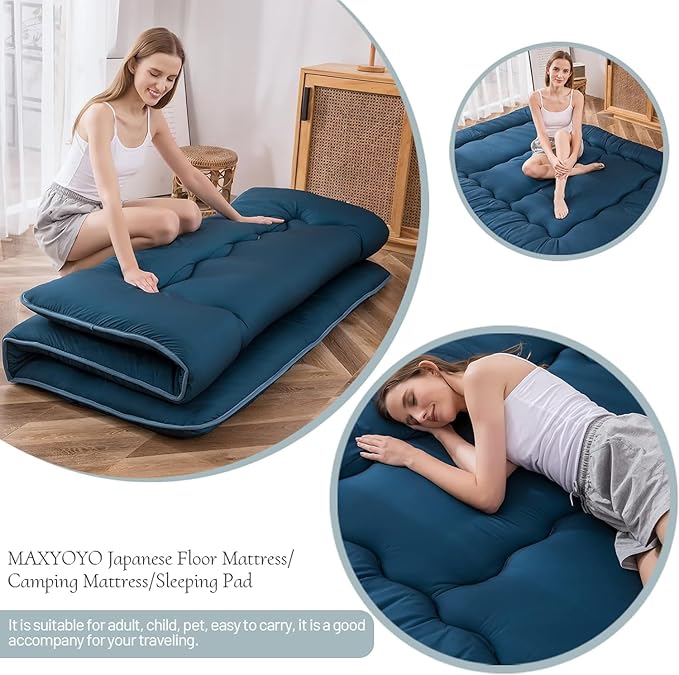 MAXYOYO Japanese Floor Mattress Futon Mattress, Thicken Sleeping Pad Foldable Roll Up Floor Futon for Adults Tatami Mat Dormitory Lounger, Bluestone, Twin Size