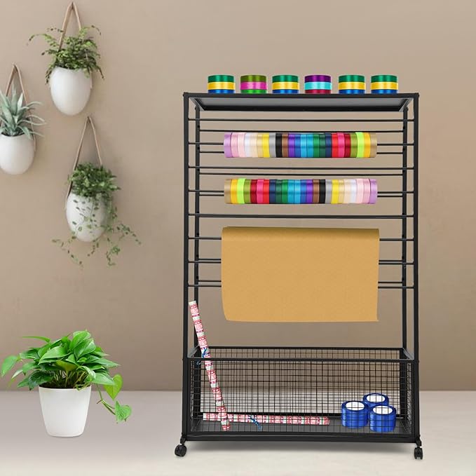 16 Tier Ribbon Holder Organizer Rack, Metal Double-Sided Ribbon Spool Storage Shelf with Wheels, Rolling Flower Wrapping Paper Storage Stand for Craft Room Flower Shop Gift Wrapping(Wider, Black)