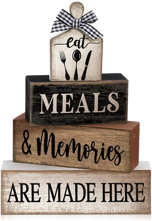 Moucuny 4 Pcs Farmhouse Kitchen Decor Wooden Plate Farmhouse Table Decor Black Brown and White Tableware Centerpiece Rustic Decorative Plates Stacked Block Sign for Display Cabinet Kitchen Decoration
