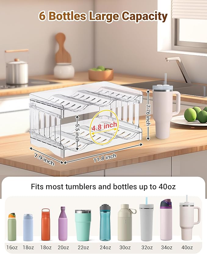 Gracenal Water Bottle Organizer for Stanley Cup Accessories, Cabinet Organizers and Storage for Meoky 40 oz Tumbler with Handle, Fridge Tumbler Organizer Kitchen Gadgets Gifts, 2Pack Large-6-bottle