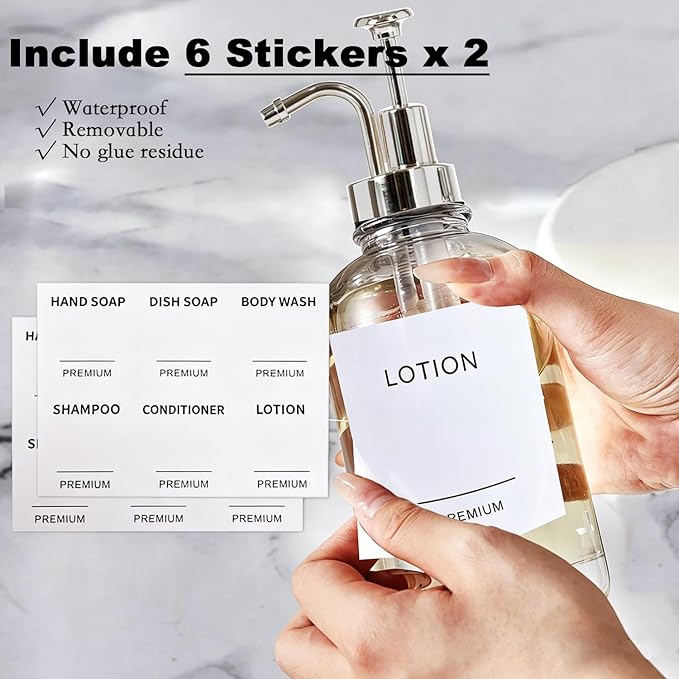 Dish Soap Dispenser for Kitchen, Hand Glass Soap Dispenser Set with Pump, Tray, Funnel for Bathroom, Shower, Laundry, Liquid, Lotion (Silver 2 Pack 18 Oz Clear Bottles with 12 Stickers)