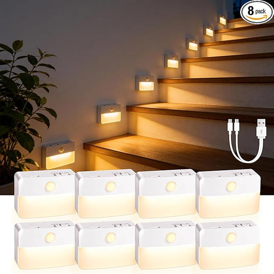 8 Pack Rechargeable Motion Sensor Stair Lights for Indoor, Wireless Battery Operated Night Light,Magnetic Led Stick On Portable Lamp for Step Hallway Closet Under Cabinet Bedroom Kitchen Bathroom