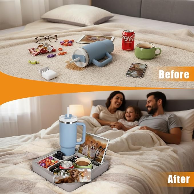 Heavyrain Couch Remote Holder Caddy Cup Holder Tray for Couch and Bed - Spill-Proof Armrest Organizer with Removable Divider, Perfect for Gaming, Movie Night, Remote Control, Snack & Phone Storage