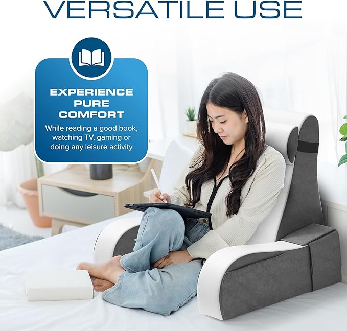 Kolbs Wedge Reading Pillow for Bed, Cushion with Arms for TV, Books, Nursing, Back - Bed Pillow for Sitting Up in Comfort, Plush Backrest. Bed Chair, Sit Up in Comfort (19" Gray/White)