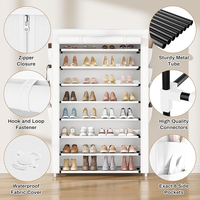 VILICK Shoe Rack with Cover, 8 Tier Tall Shoe Organizer Storage for 36-45 Pair Shoes and Boots Large Shoe Storage Shelf Free Standing Shoe Rack for Closet, Front Door Entrance, Dorm, Garage, White