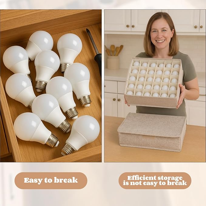 1 Pcs Light Bulb Organizer Storage Box Ornament Storage with 30 Dividers Foldable Bulbs Organizer with Lid Sturdy PP Board Fits Various Standard Dustproof Fabric Case for Home Vbs (Beige)