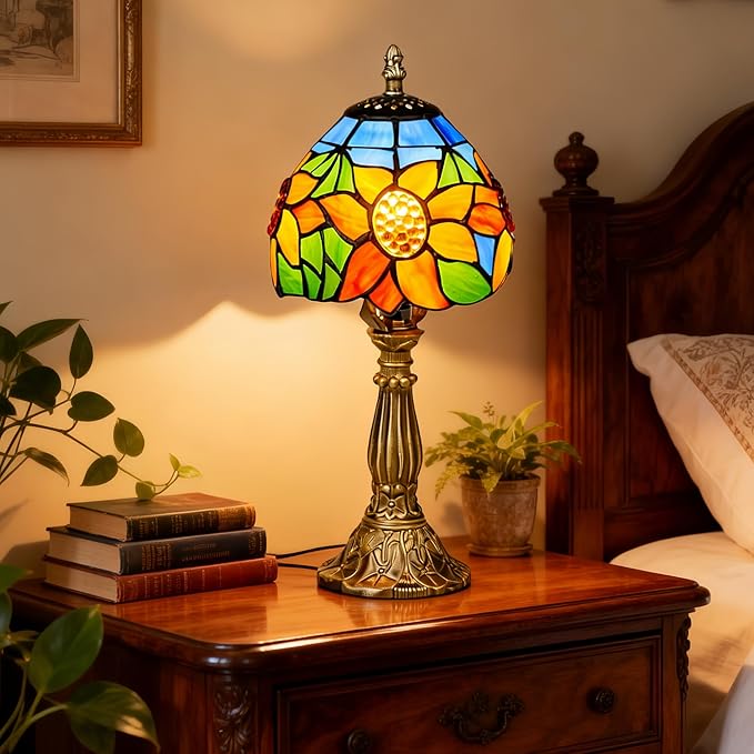 Tiffany Style Table Lamp, 6 Inch Sunflower Stained Glass Lamp, Small Antique Bedside Night Lamp for Bedroom, Living Room, Office, Included LED Bulb