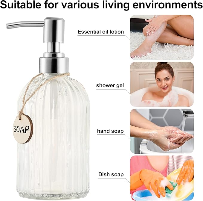 MOCLIF 16 OZ Soap Dispenser，Tempered Glass Clear Vertical Stripe with 304 Rust Proof Stainless Steel Pump Refillable Liquid Hand Soap Dispenser，for Bathroom, Kitchen, Dish Soap，Lotion (Clear)