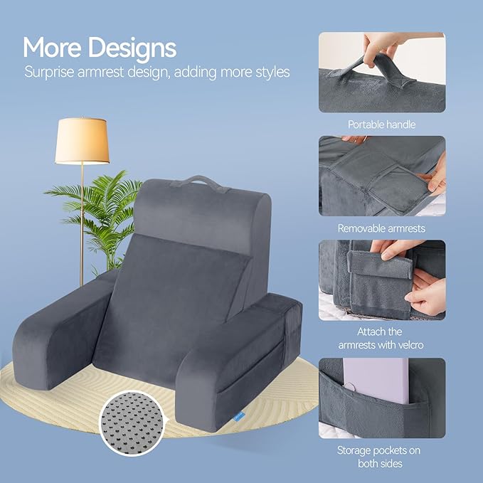 Kayfia Reading Pillow, 10 in 1 Back Pillow for Bed Sitting up with Detachable Arms Rest, Back Rest with Gel Memory Foam, Reading/Gaming/Working in Bed or Couch 21'', Gray