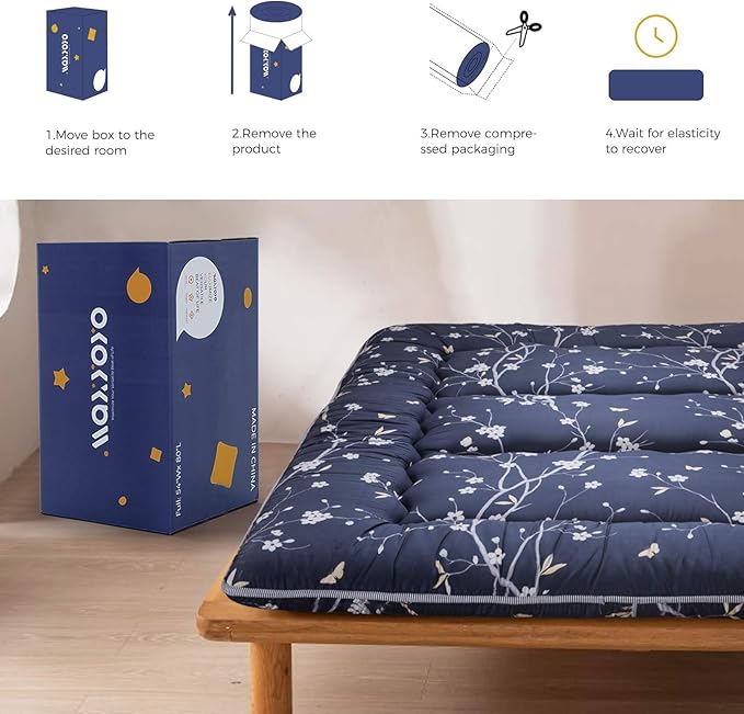 MAXYOYO Navy Floral Printed Japanese Floor Mattress Rustic Style Futon Mattress Foldable Roll Up Camping Lounger Couches and Sofas Mattress Topper Twin Size