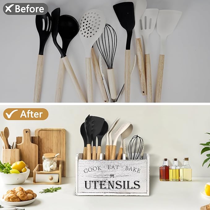 Farmhouse Kitchen Utensil Holder with 3 Compartments, Wooden Utensil Organizer for Countertop, Utensil Holder Rustic Cooking Utensil for Farmhouse Kitchen Decor