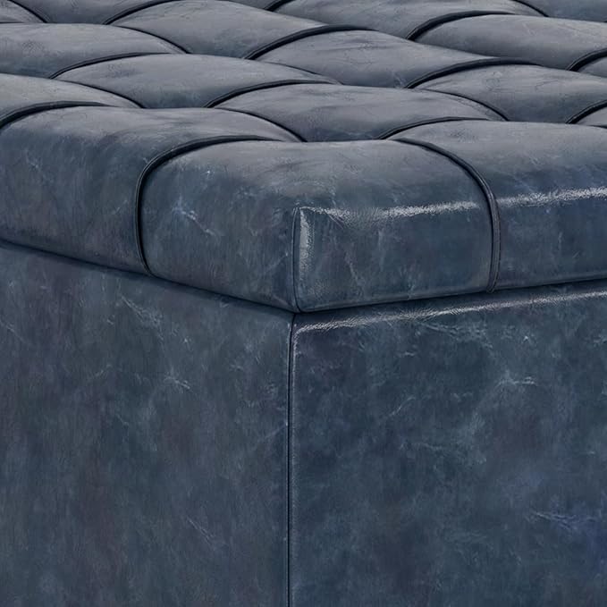 SIMPLIHOME Harrison Small Coffee Table Storage Ottoman - 30 inch Wide Upholstered Vegan Leather Square Lift-Top Ottoman in Denim Blue, Transitional Ottoman for Living Room with Hidden Storage
