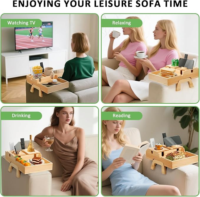 Couch Armrest Table, Sofa Arm Tray with Cup Holder w/360° Rotated Phone Holder, Pine Wood Sofa Arm Clip-On Side Table for Drink Snack Remote Holder