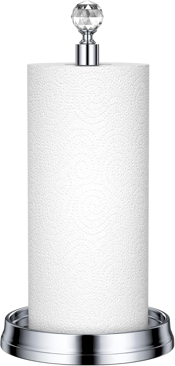 KASUNTO Crystal Ball Paper Towel Holder - Steel Stand for Countertops & Tables, Fits Standard & Jumbo Rolls, Polished Chrome