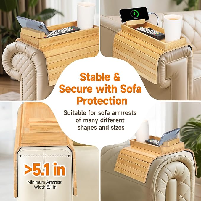 Bamboo Sofa Arm Tray – 2-in-1 Magnetic Detachable Couch Cup Holder & Armrest Table with Anti-Slip Pad, Convenient Tray for Drinks, Snacks & More,Natural