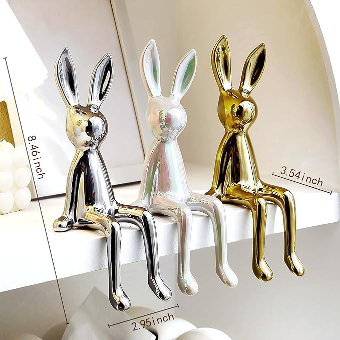 3-Piece Rabbit Decor Sculptures - Home, Office, Living Room, Bedroom - Accents, Decorations, Figurines - Small Statues for Bookshelf, Desk - Ideal Gifts (Gold, Silver, White)