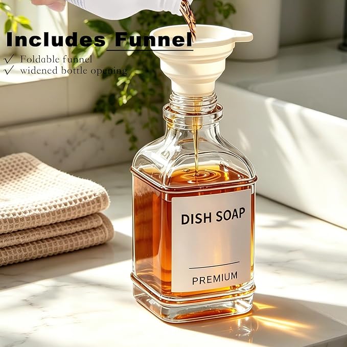 Dish Soap Dispenser for Kitchen, Hand Glass Soap Dispenser Set with Pump, Funnel for Bathroom, Shower, Laundry, Liquid, Lotion (Silver 2 Pack 18 Oz Clear Bottles with 12 Stickers)