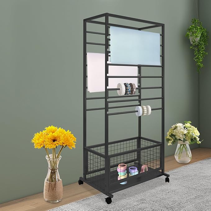 Mobile Ribbon Holder Double-Sided Ribbon Organizer Rack with 16 Hanging Rods Multifunctional Flower Wrapping Paper Storage Stand with Lockable Wheels Wrapping Paper Rack (26.38*12.99*59.06in, Black)
