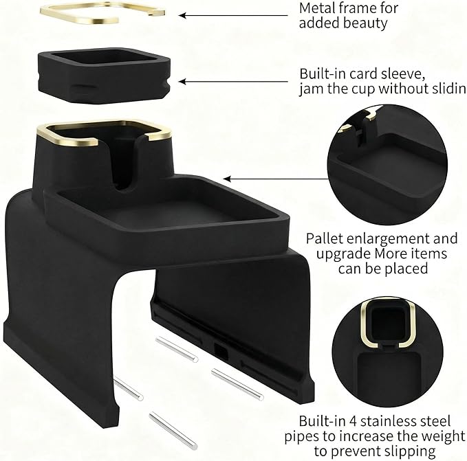 Luxury Silicone Couch Cup Holder Tray with Gold Trim, Anti-Spill Sofa Armrest Organizer, Weighted Non-Slip Recliner Tray Table for Drinks, Remote and Phone - Fits Most Couch Arms,Gift for family,Black